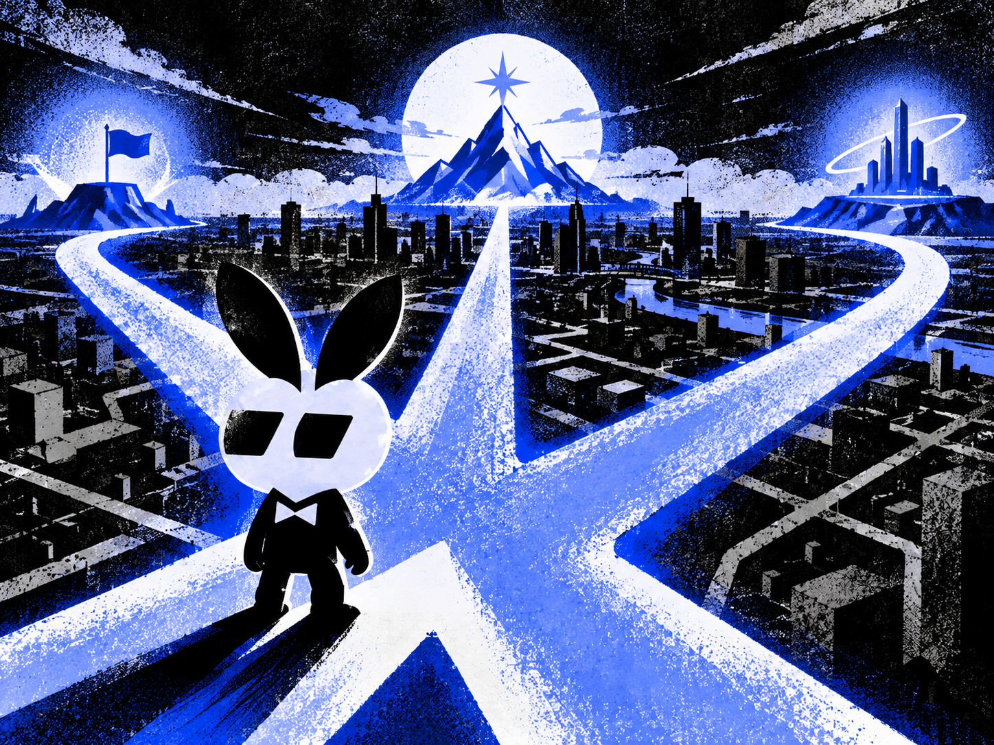 FOMOBOY at a crossroads of three glowing paths through the night city